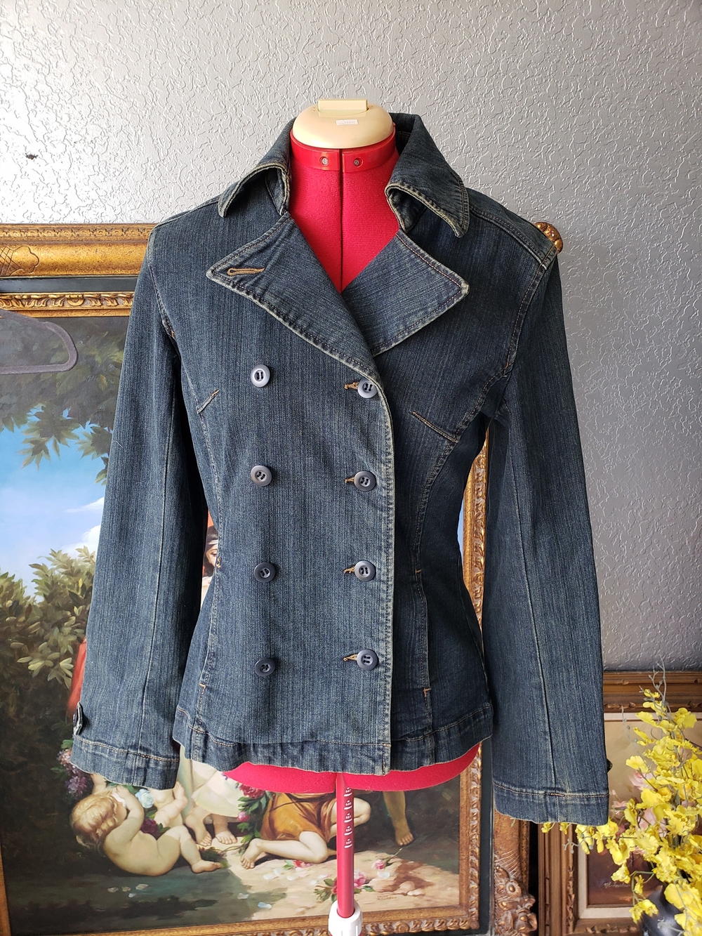 Women's Double-Breasted Dark Blue Denim Jacket